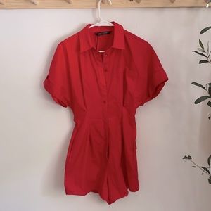 Red romper, cinched waist